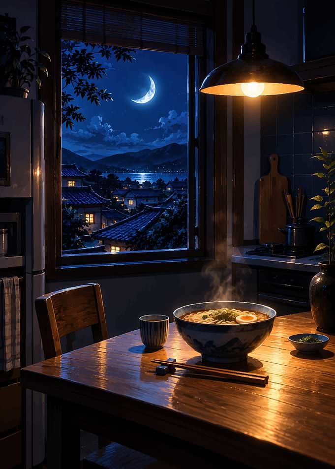 Steaming Ramen Bowl at Night