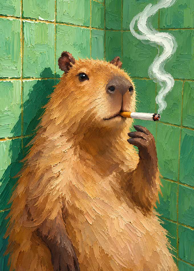 Capybara Smoking Against Green Tiles