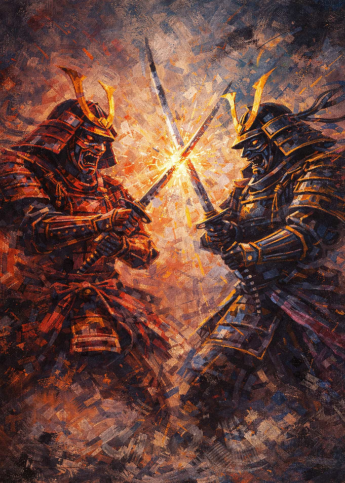 Two Samurai Warriors Clashing Swords