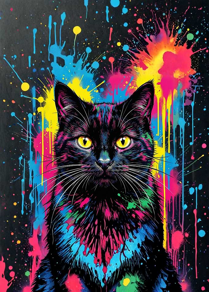 Neon Splatter Art Black Cat
