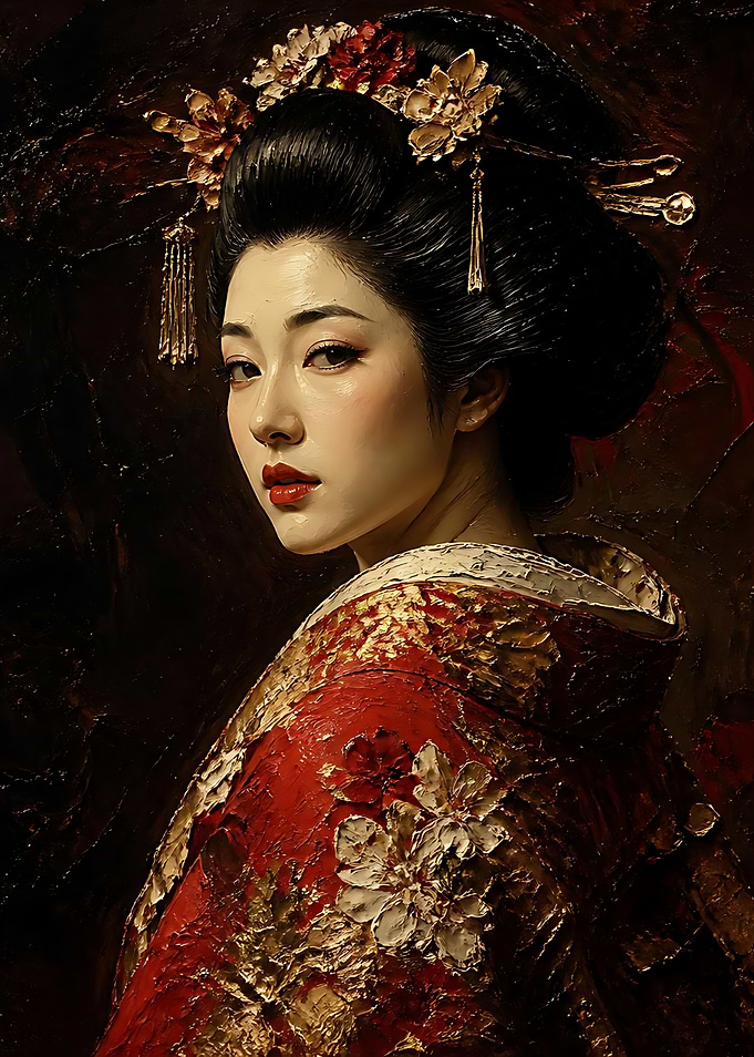 Elegant Geisha in Red Kimono