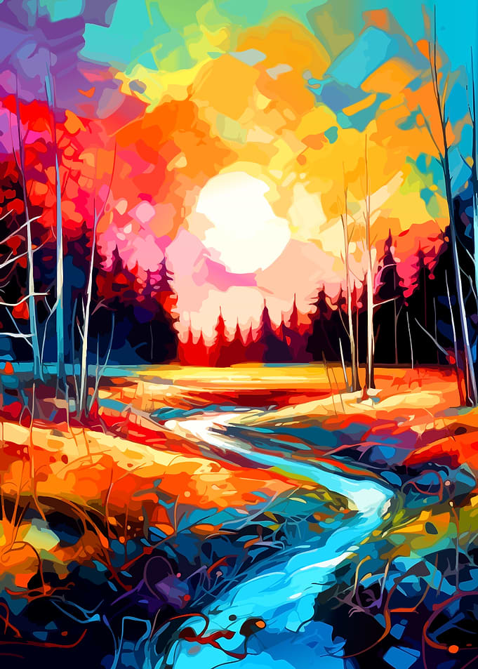 Vibrant Abstract Forest Stream Landscape