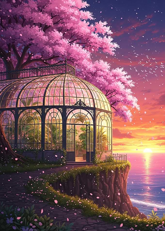Cherry Blossom Greenhouse at Sunset