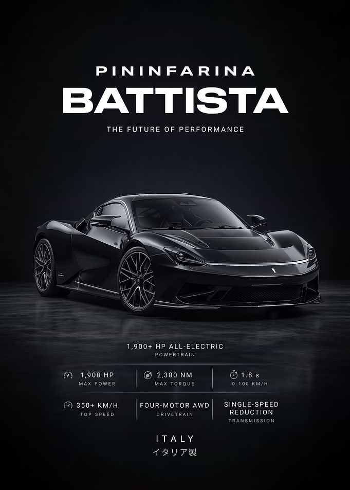 black sleek Pininfarina Battista Electric Hypercar Poster