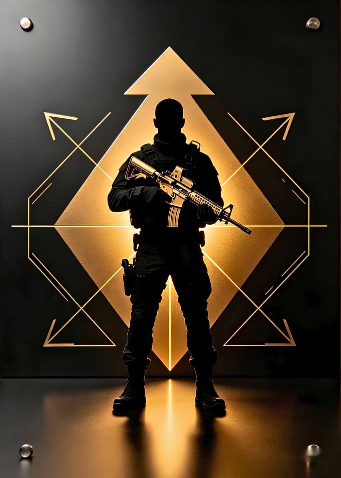 Tactical Soldier Silhouette with Gold Arrows