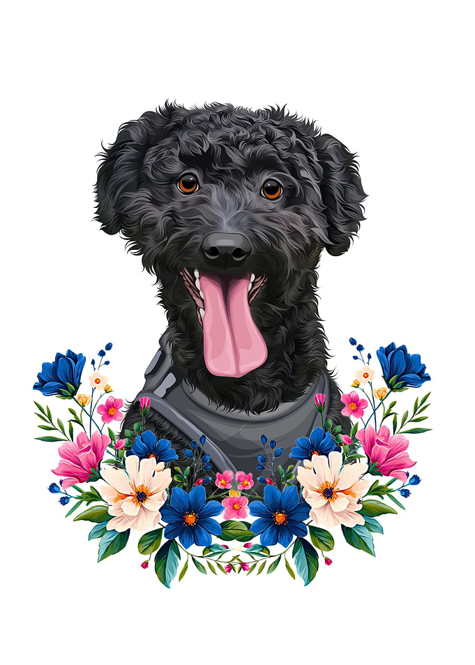 Black Curly Dog with Floral Wreath