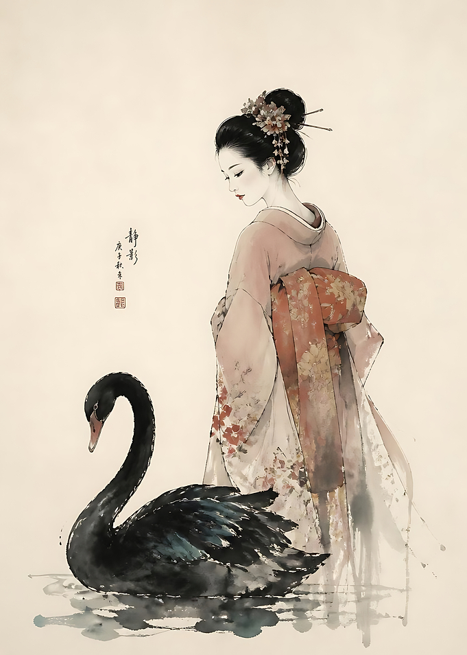 Geisha with Black Swan Watercolor Art