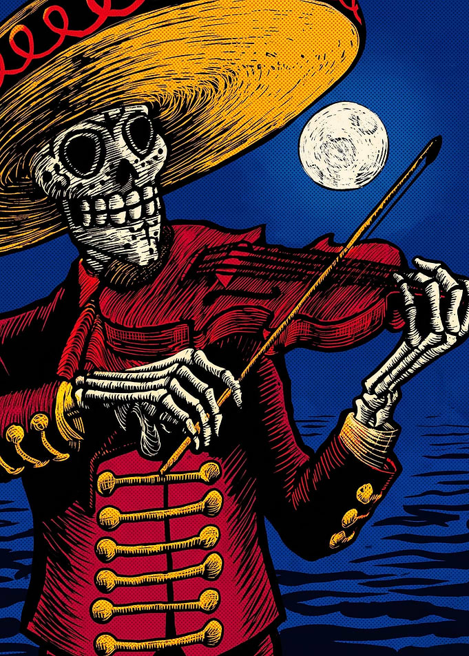Mariachi Skeleton Violin Moon Art