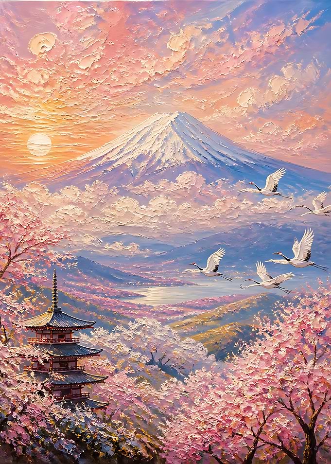 Mount Fuji and Pagoda at Sunset