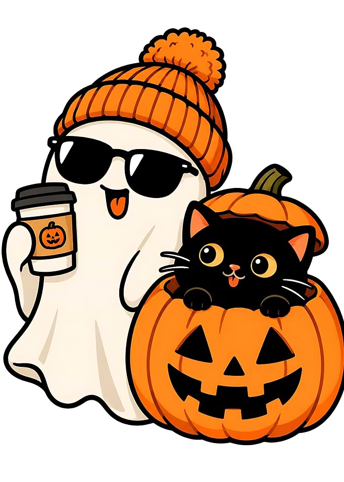Cute Ghost and Cat in Pumpkin