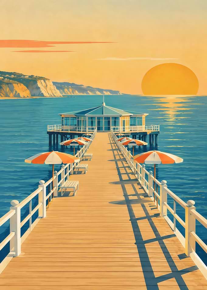 Sunset Pier with Orange Umbrellas