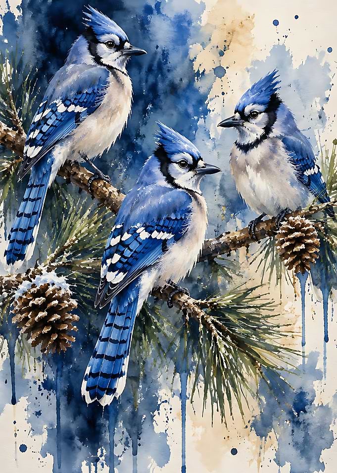 Three Blue Jays on Pine Branches