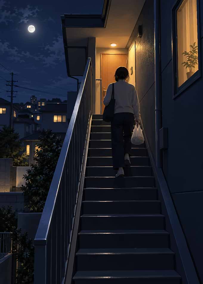 Woman climbing stairs home at night