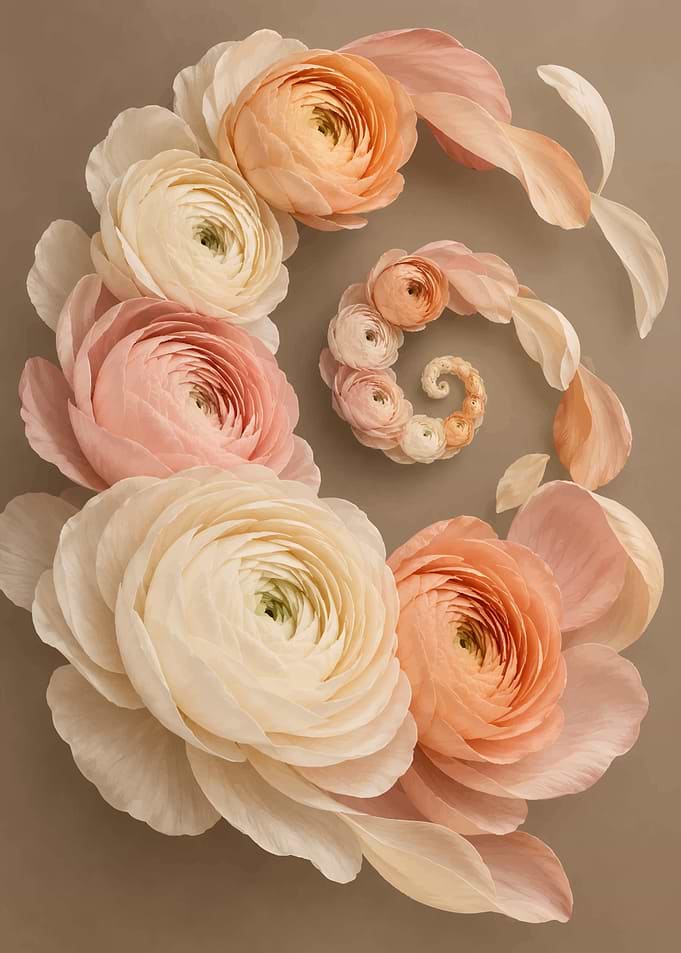 Spiral Arrangement of Pastel Ranunculus Flowers