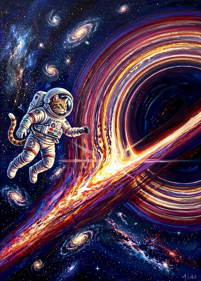 Astronaut Cat Exploring a Black Hole