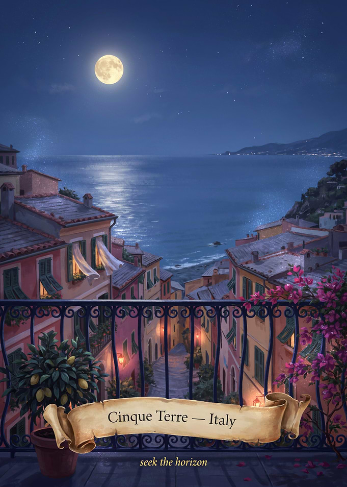 Cinque Terre Moonlit Balcony Streetscape — Romantic Mystical Mediterranean Night Art
