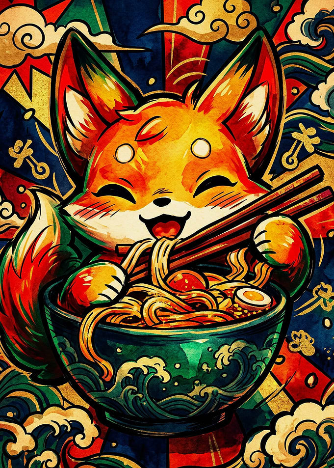 Cute Fox Eating Ramen Illustration