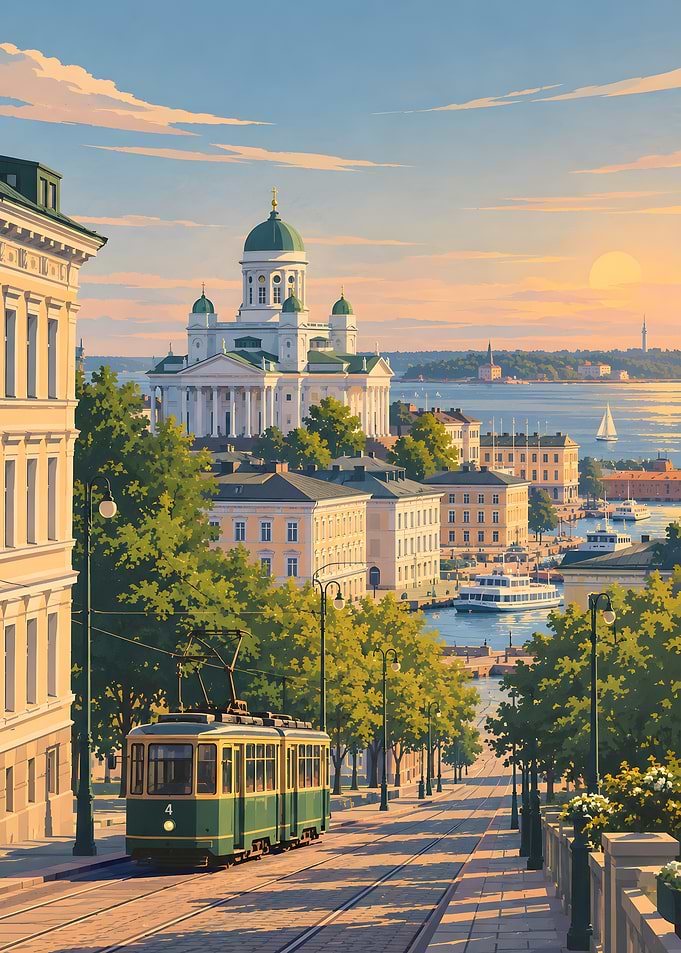 Helsinki Cathedral and Tram at Sunset