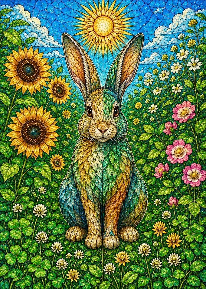 Mosaic Rabbit in Sunlit Garden tained-glass windows