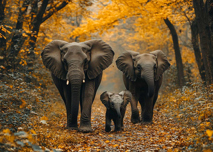 Elephant Family Walking in Autumn Forest