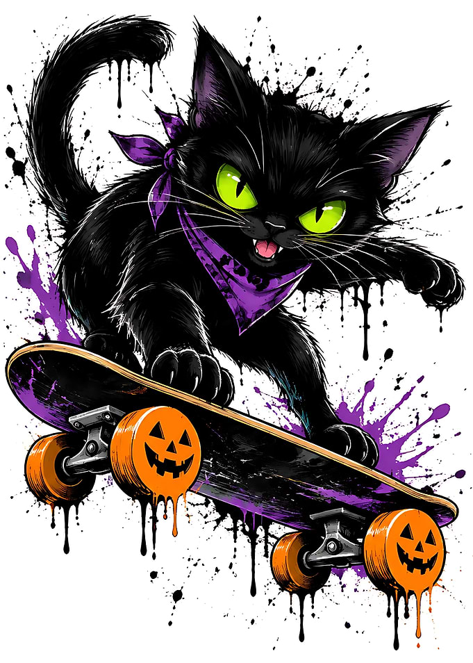 Cool Black Cat Skateboarding Halloween Art
