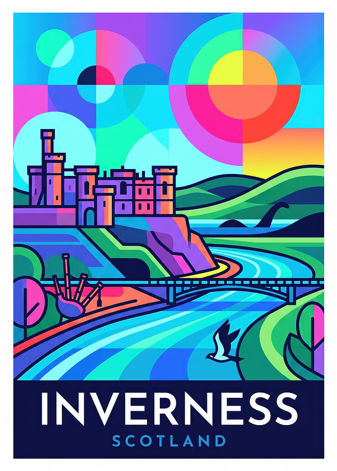 Vibrant Geometric Inverness Scotland Travel Poster