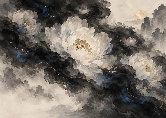 Ethereal White Peonies in Ink Wash