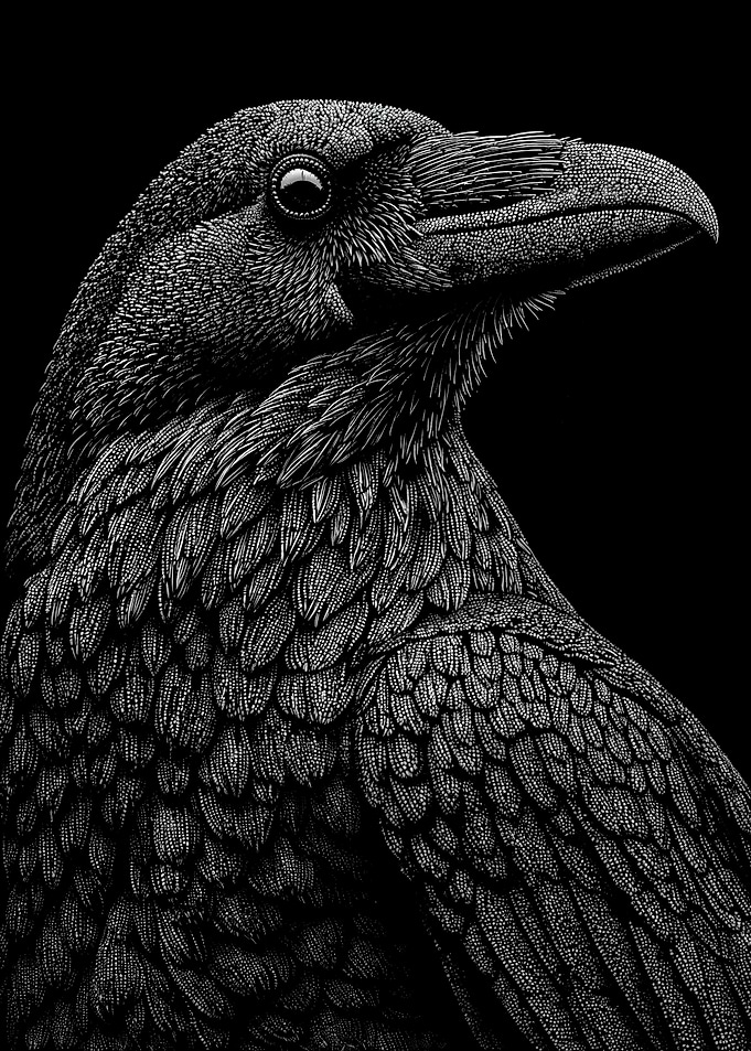 Detailed Monochrome Raven Profile In Stipple Dotwork