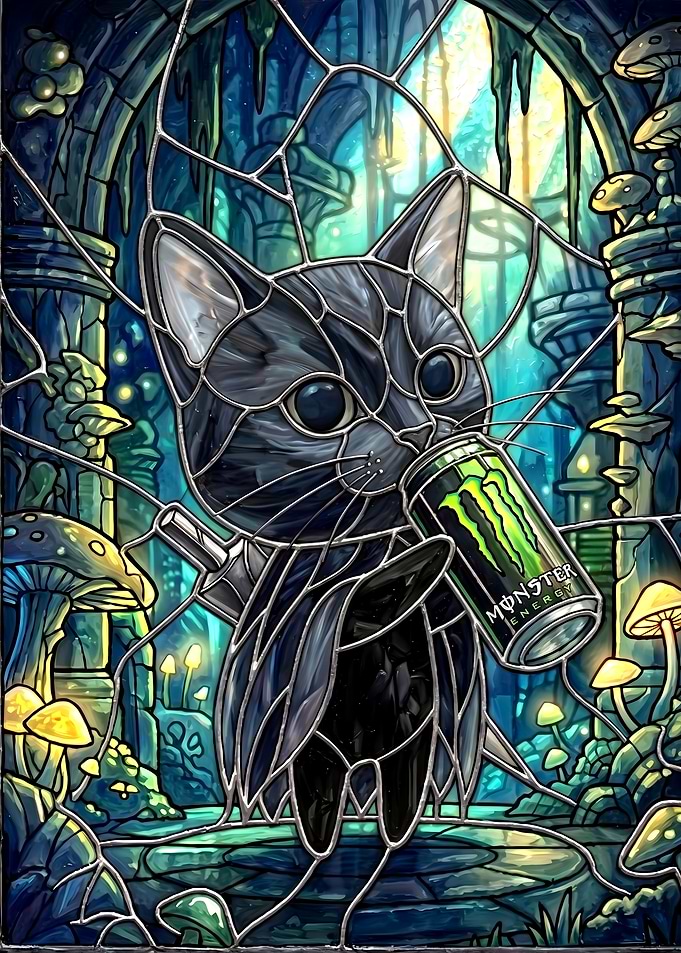Stained Glass Cat Drinking Monster Energy