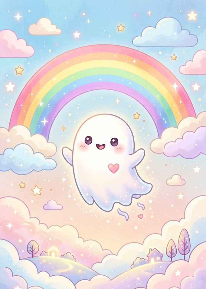 Cute Kawaii Ghost with Rainbow