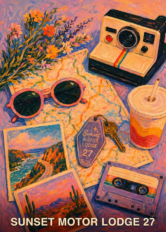 Sunset Motor Lodge Retro Travel Oil Painting