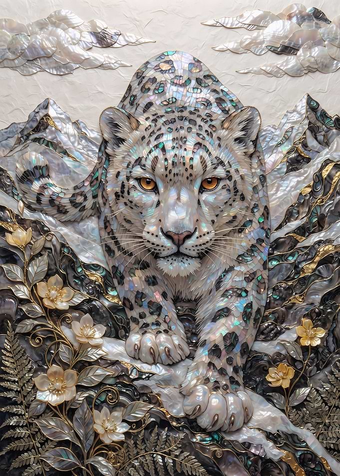 Mother of Pearl Snow Leopard Art