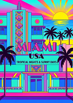 Miami Art Deco Travel Poster — retro travel art printed on metal