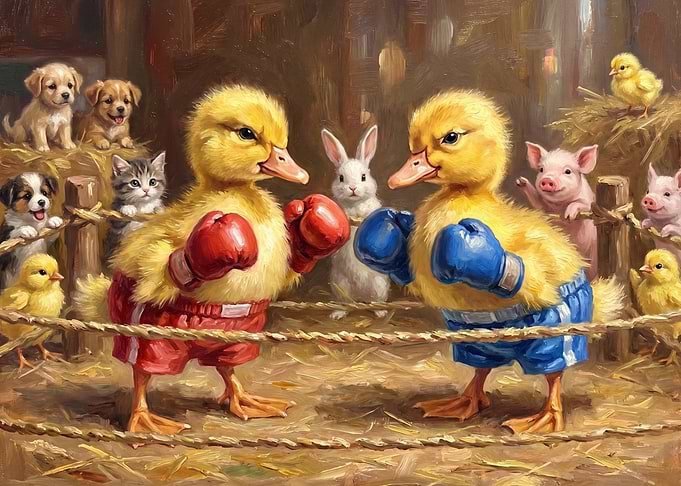 Ducklings Boxing Match in a Barn