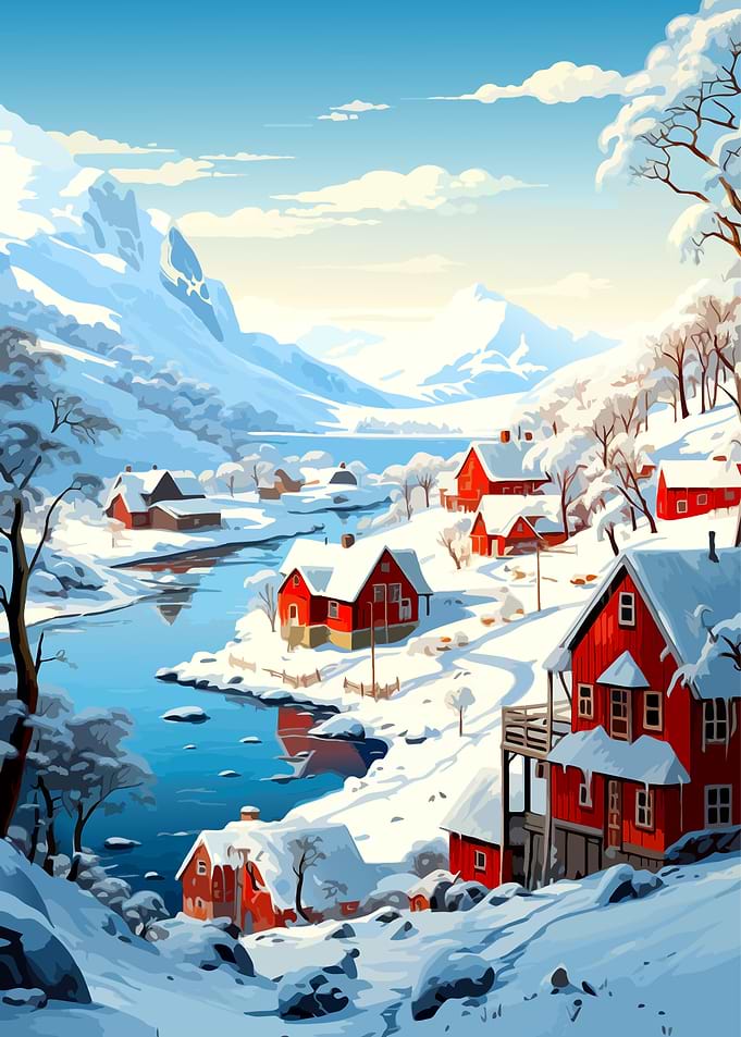 Red Cabins in Snowy Mountain Landscape