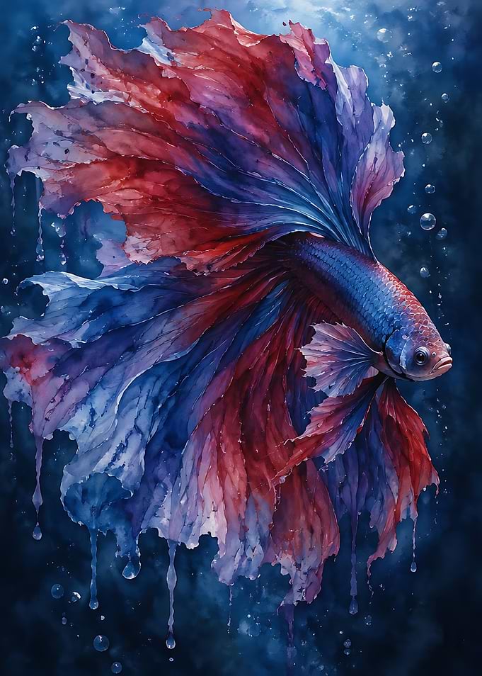 Watercolor Betta Fish in Deep Blue