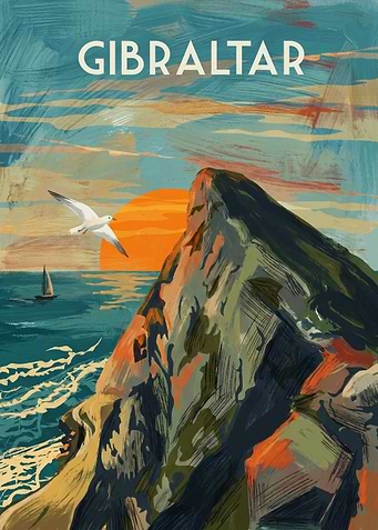 Gibraltar Rock Sunset Travel Poster Vintage Illustration