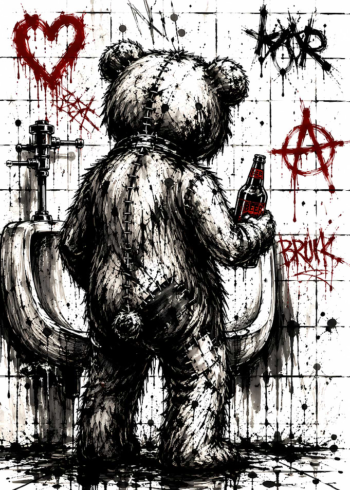 Gritty Graffiti Teddy Bear at Urinal