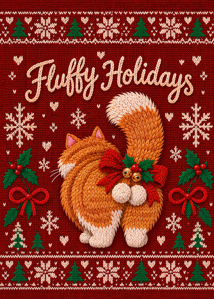 Fluffy Holidays Knitted Cat Illustration