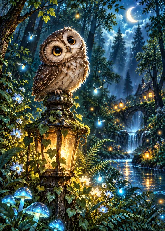 Cute Owl on Enchanted Forest Lamp