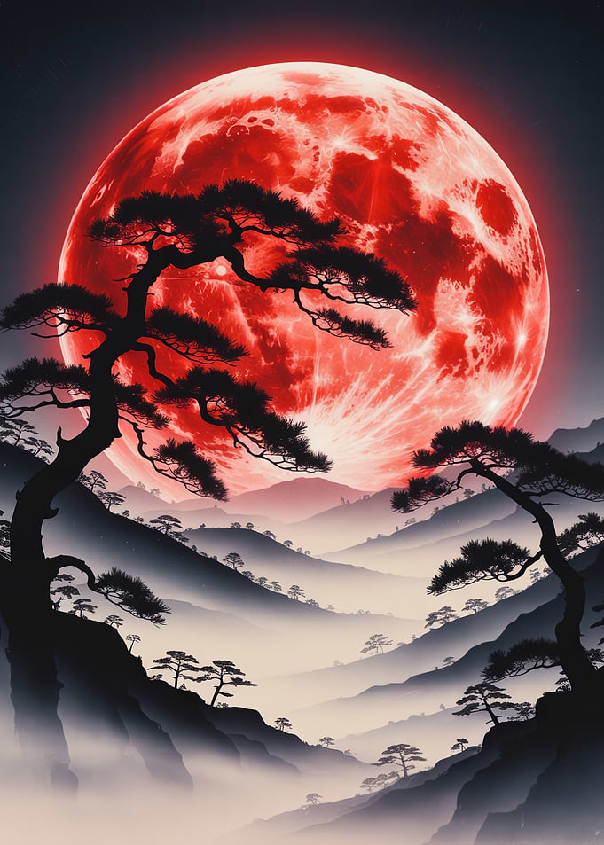 Red Moon Over Misty Mountain Landscape