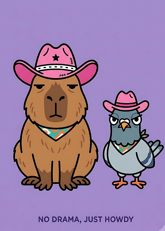 Cowboy Capybara and Pigeon Duo