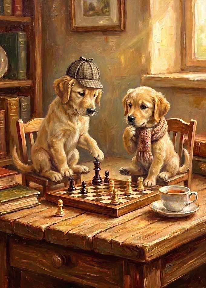Two Golden Retriever Puppies Playing Chess