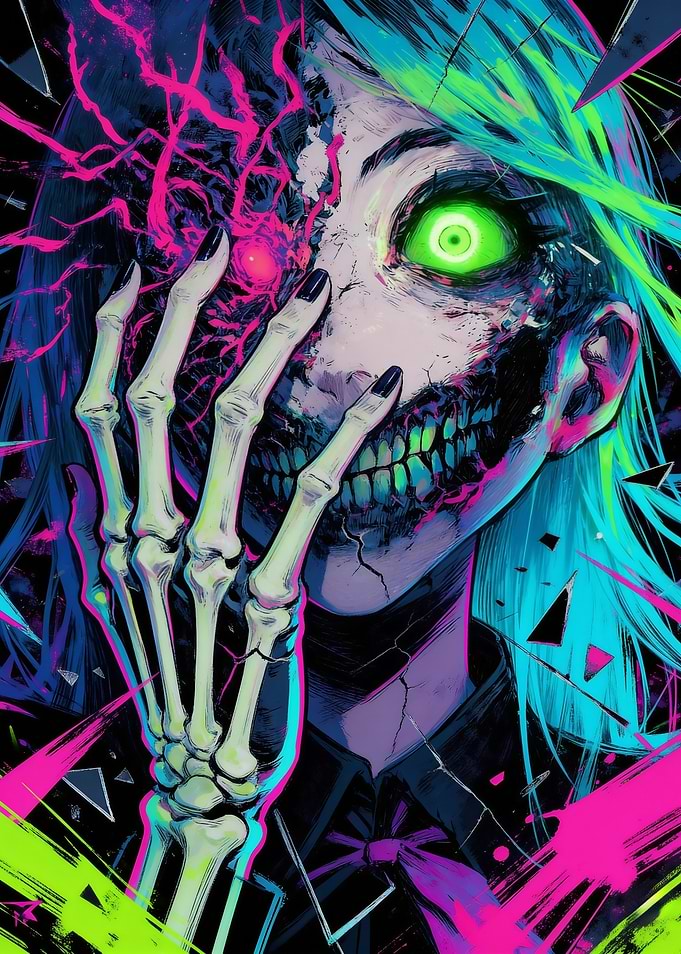 Neon Glitch Skeleton Anime Girl