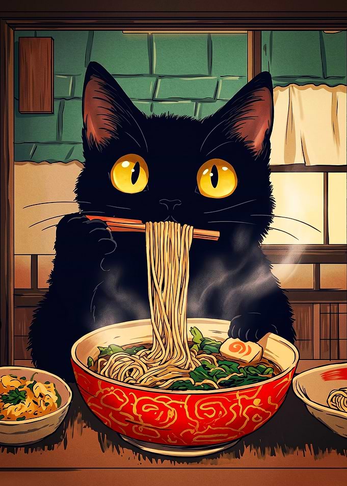 Black Cat Eating Ramen Illustration