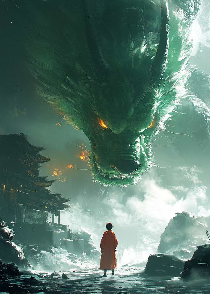 Monk Facing a Giant Green Dragon
