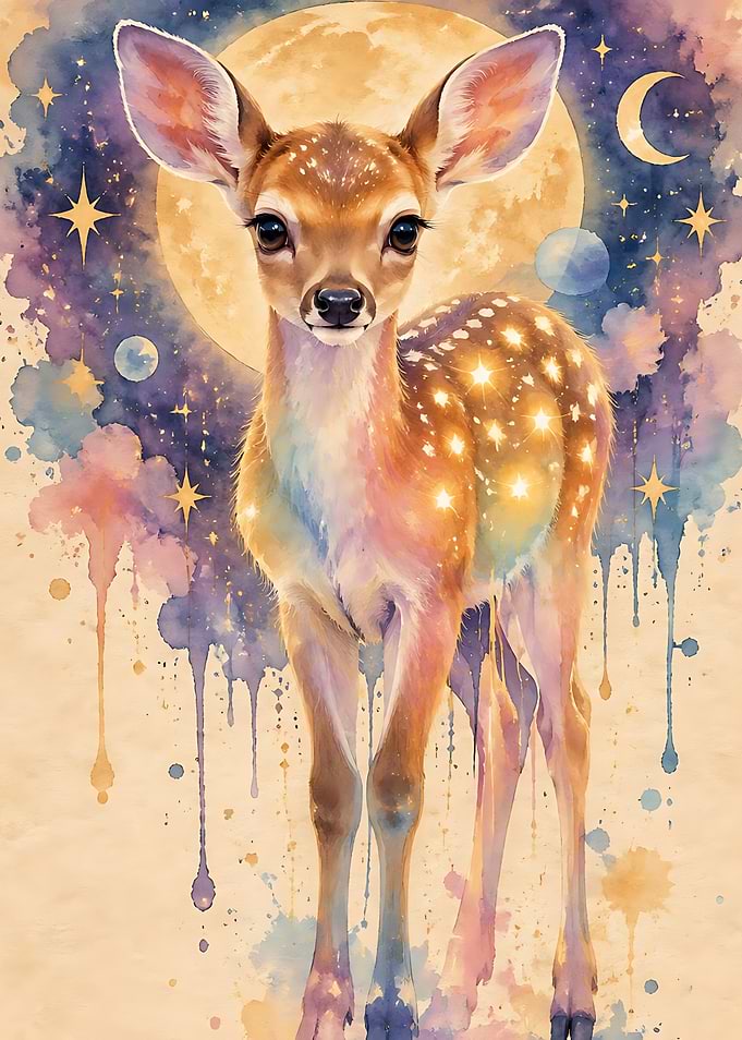Whimsical Celestial Fawn Watercolor Art