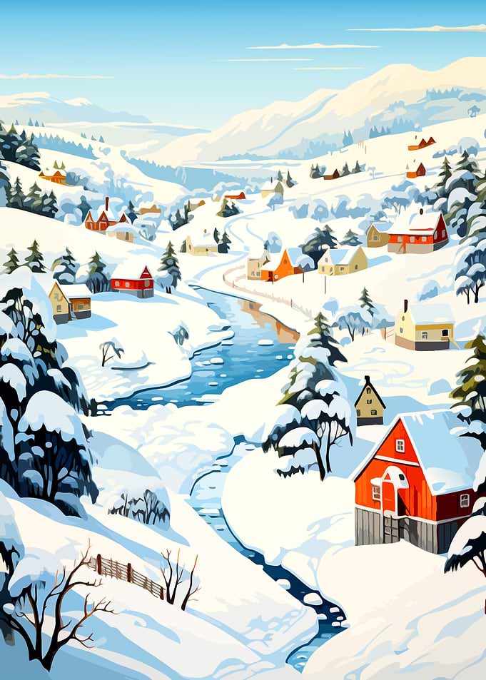Winter Village Landscape with River