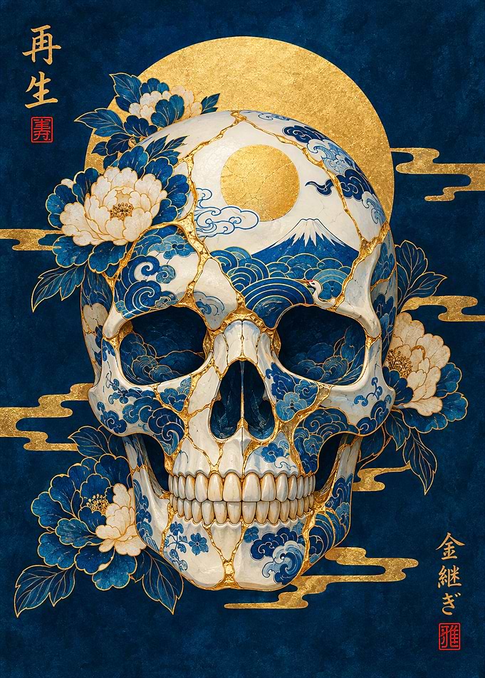 Kintsugi Skull with Japanese Floral Art