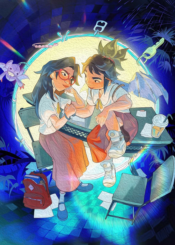 Two Anime Girls Sitting at Desk